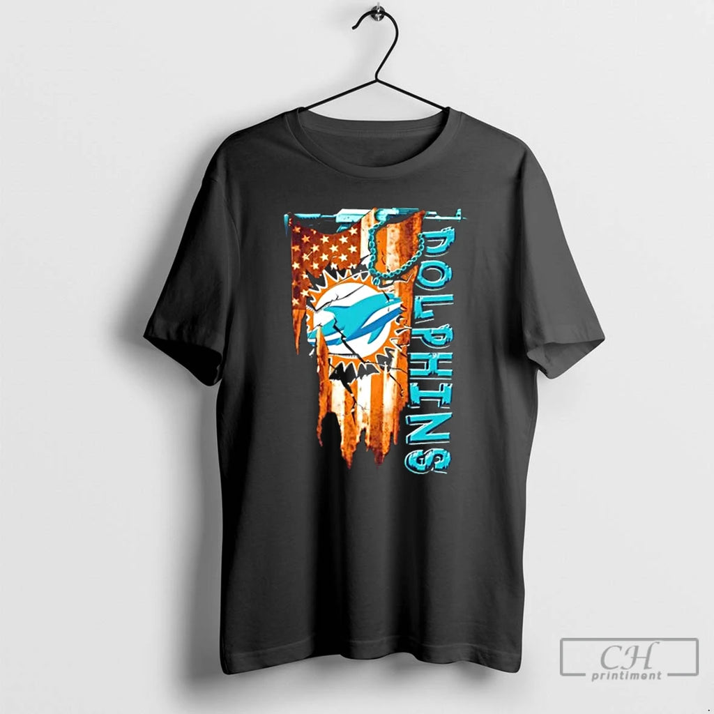 Classic Miami Dolphins Football Battle Shattered Usa Flag Rip Design