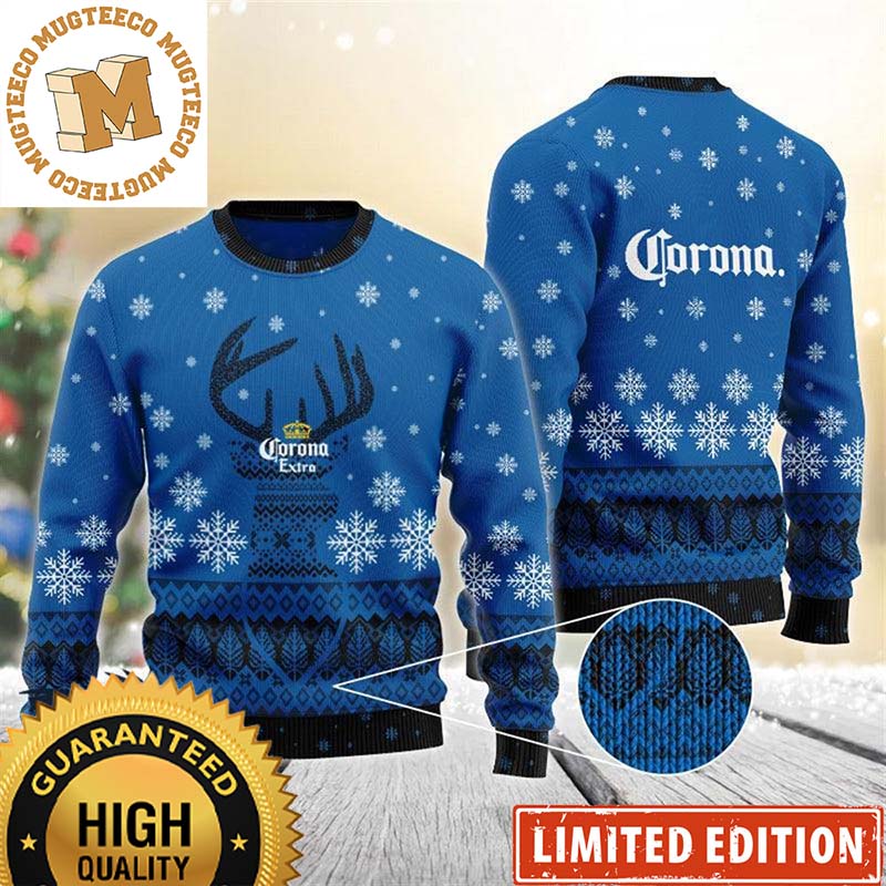 Corona Extra Beer Reindeer Snowy Night Blue Christmas Ugly Sweater