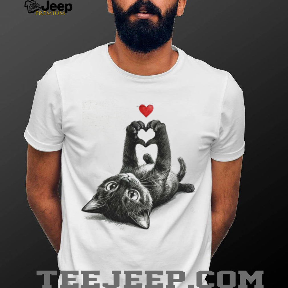 Cute Black Cat Heart Paws Graphic Tee For Cat Lovers