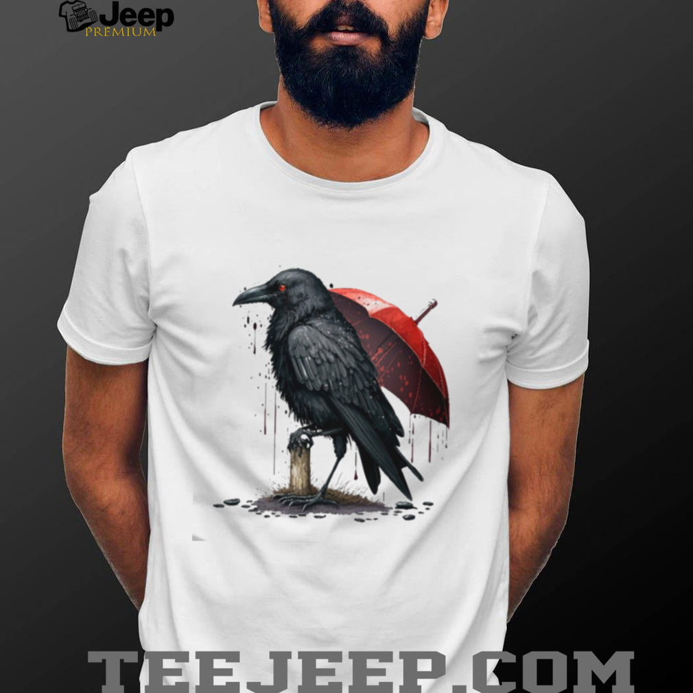 Dark Crow with Red Umbrella Gothic Ink Art T Shirt