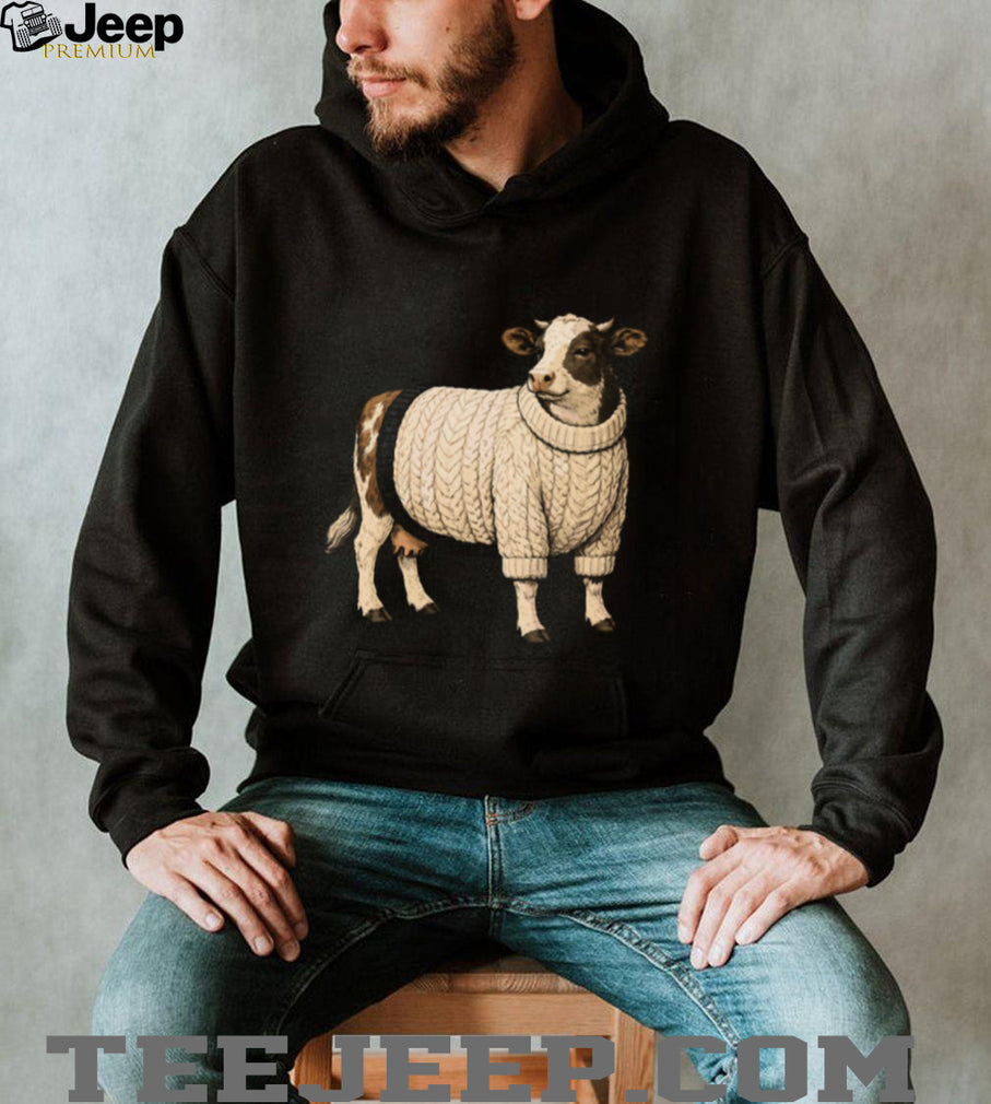 Funny Cow Wearing White Chunky Knit Sweater T Shirt