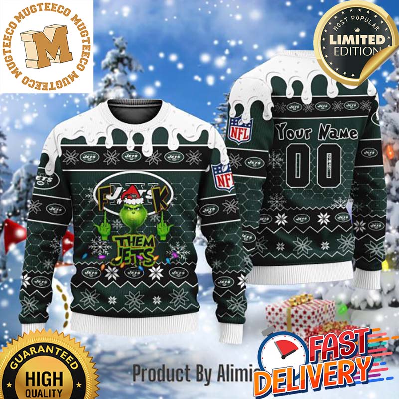 Grinch Fuck Them New York Jets Custom Name Funny Ugly Christmas Sweater