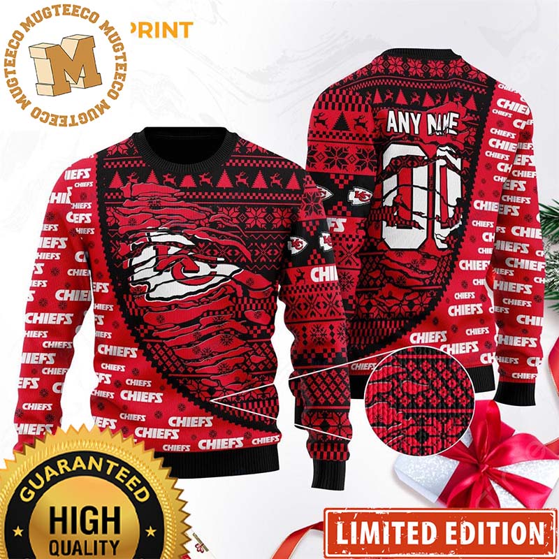 Kansas City Chiefs Football Gift For Fan Red Personalized Custom Name Ugly Wool Sweater Christmas