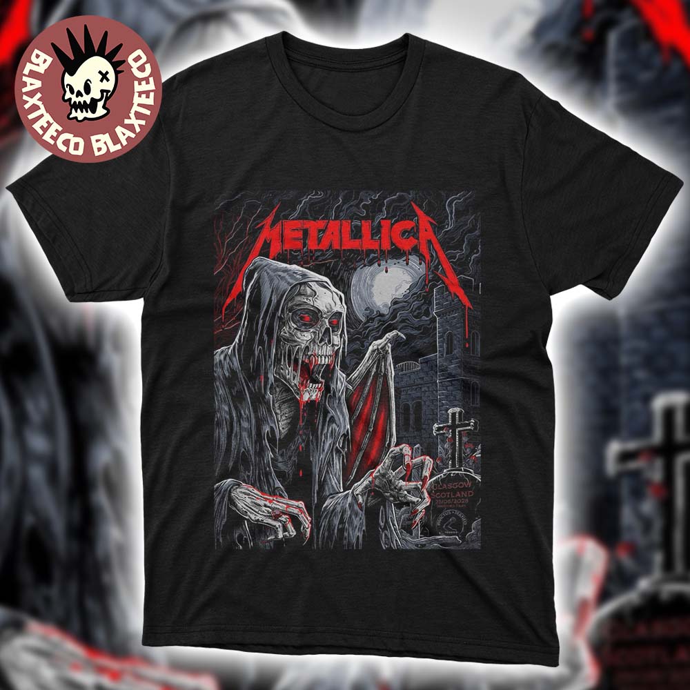 Metallica M72 Glasgow Scotland 2026 Pop Up Shop Exclusive Poster At Hampden Park On 25 June 2026 The Winged Skeleton T-Shirt