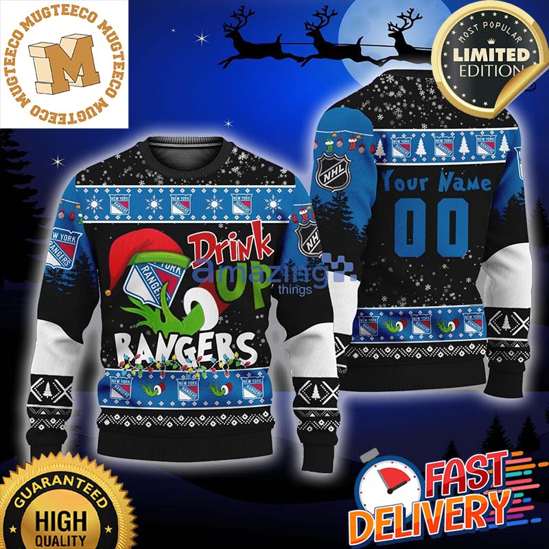 NHL Custom Name And Number Grinch Drink Up New York Rangers Ugly Christmas Sweaters