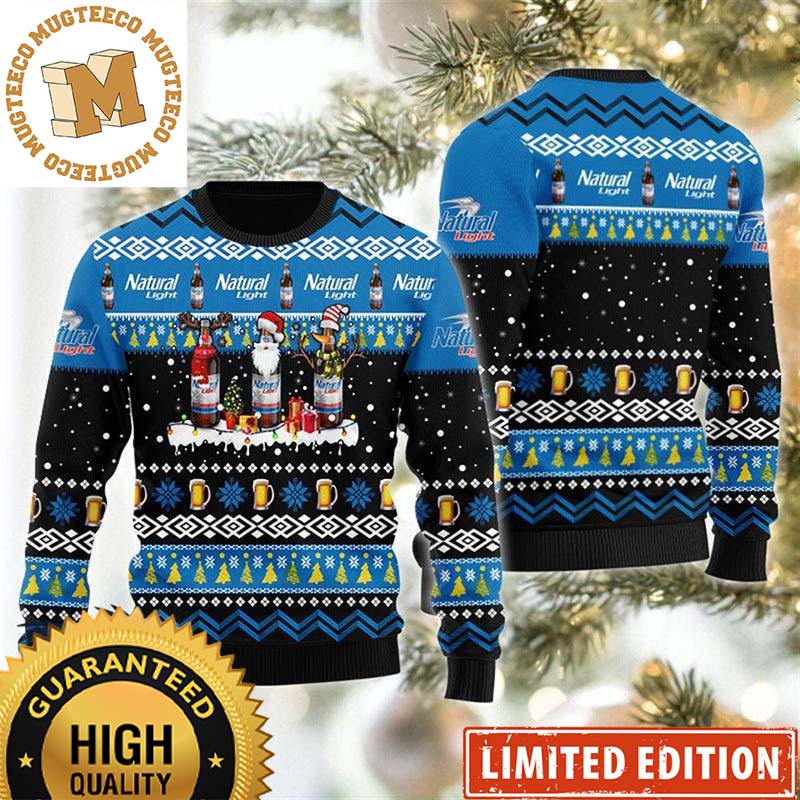 Natural Light Bottles In Santa Reindeer And Snow Man Costumes Snowflake Night Black And Blue Christmas Ugly Sweater