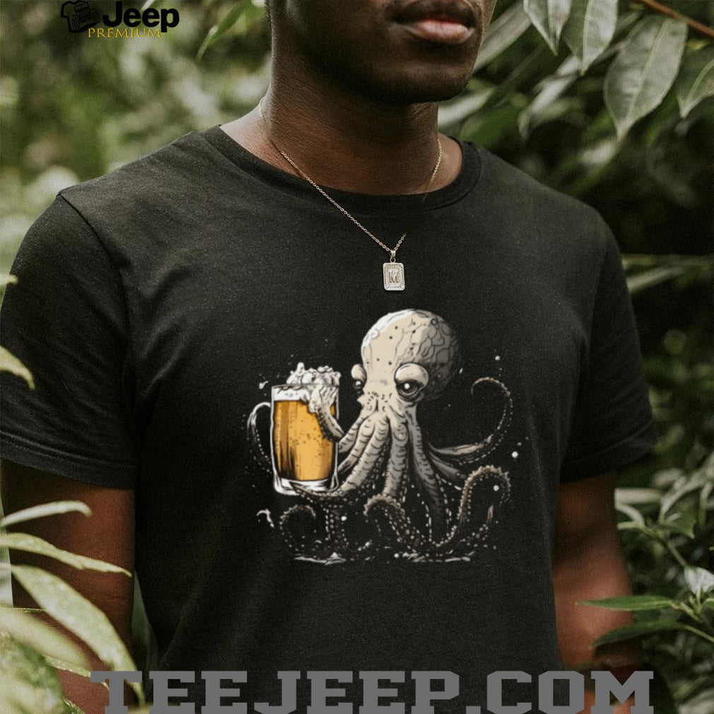 Octopus Holding Beer Mug Funny Nautical Illustration T Shirt