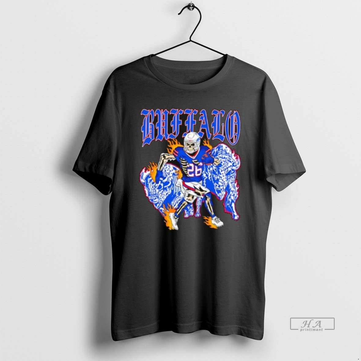 Official Buffalo Gothic Text Skeleton Football Player 26 Running Between Blue Bison On Fire