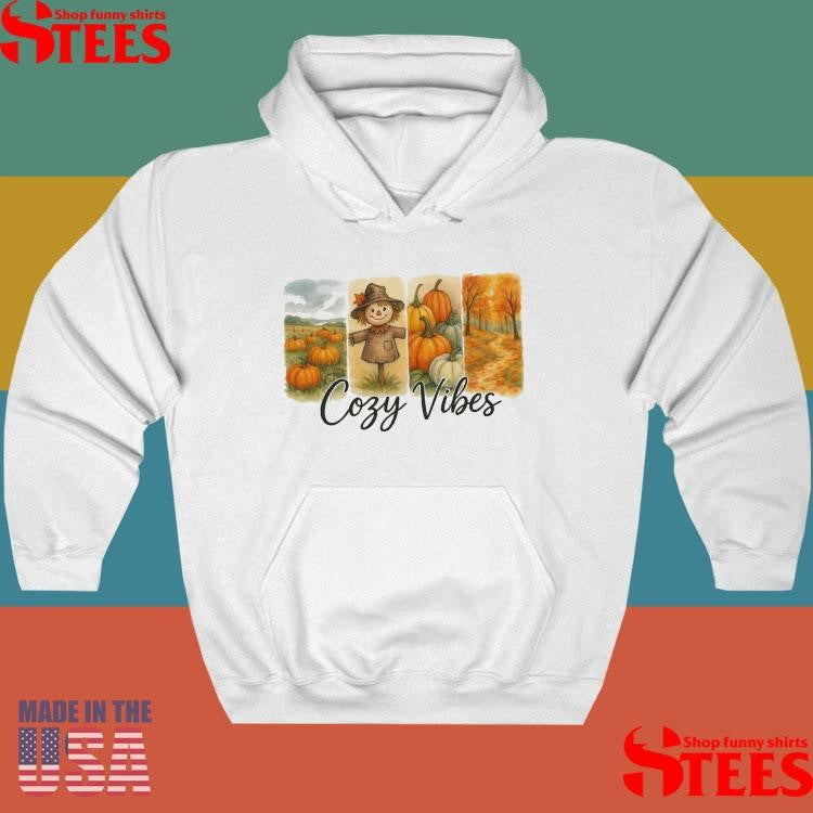 Cozy Vibes Fall Montage Scarecrow Autumn Leaves Pumpkins T-Shirt