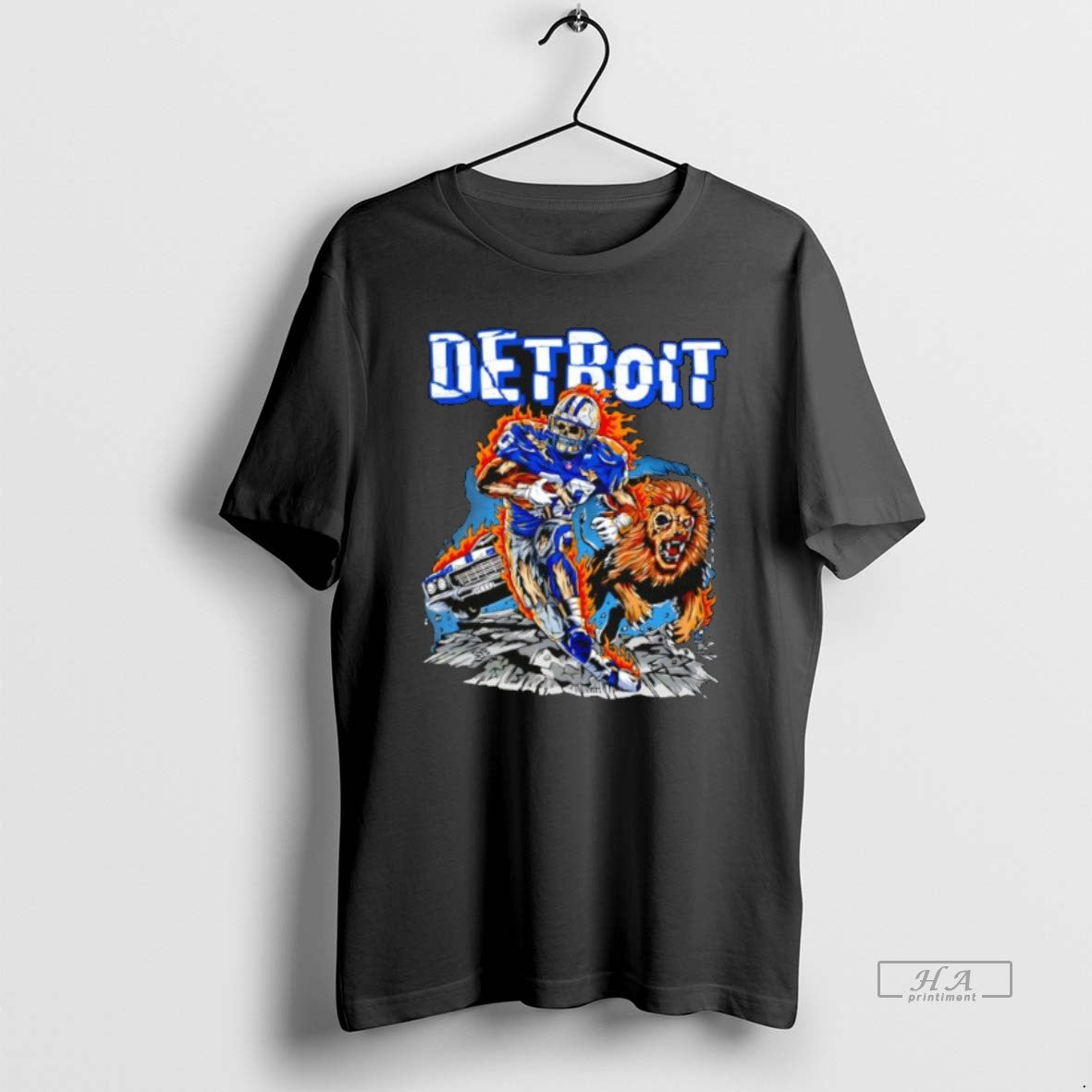 Official Detroit Lions Skeleton Player 4 Running On Fire With Growling Lion Muscle Car
