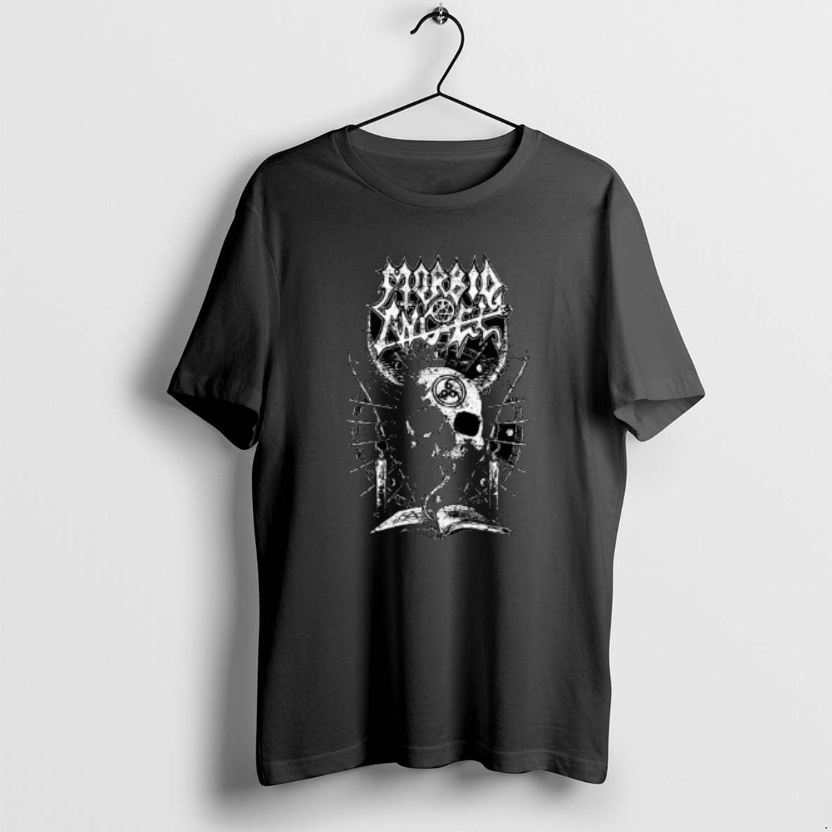 Official Morbid Angel White Horned Skull Circle Black