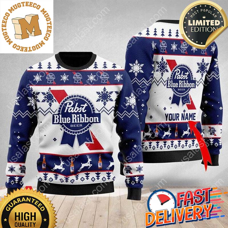 Personalized Name Pabst Blue Ribbon Ugly Christmas Sweater For Holiday 2023 Xmas Gifts