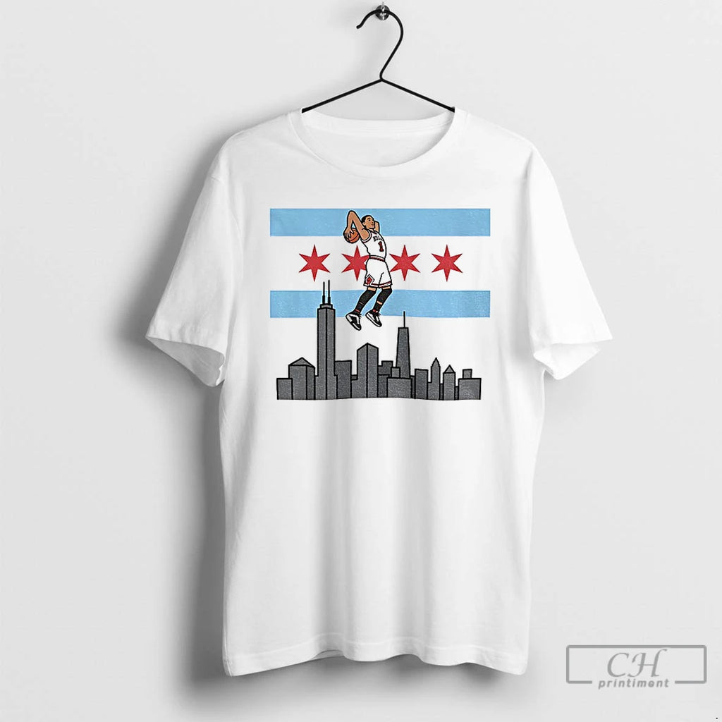 Premium Derrick Rose Chicago Bulls Basketball City Skyline Cartoon