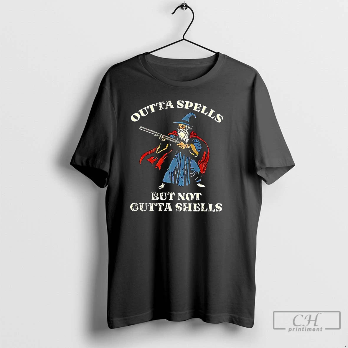 Premium Outta Spells But Not Outta Shells Wizard Holding Gun Meme