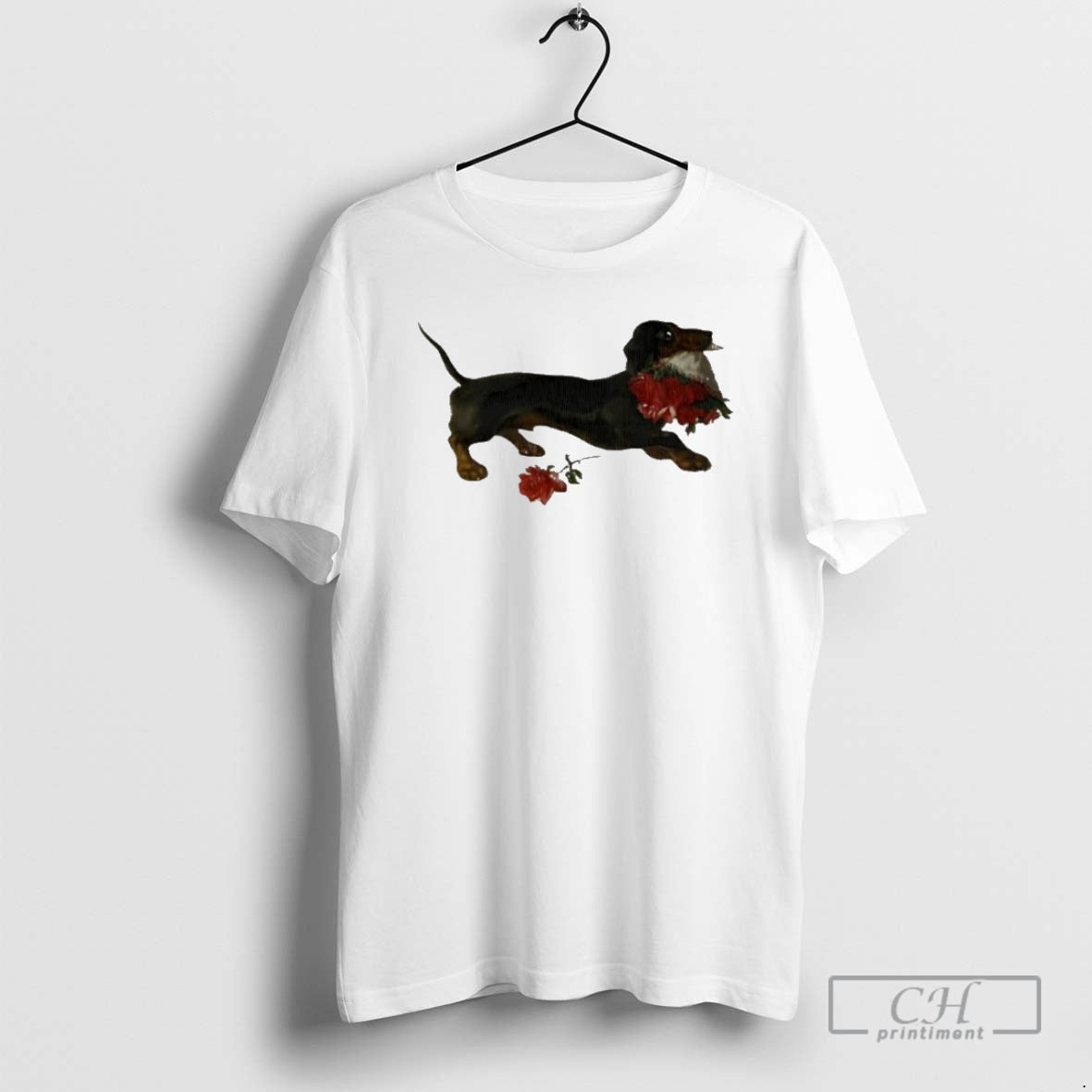 Premium Top Dachshund Running With A Bouquet Of Red Flowers In Her Mouth Shirt Sweater