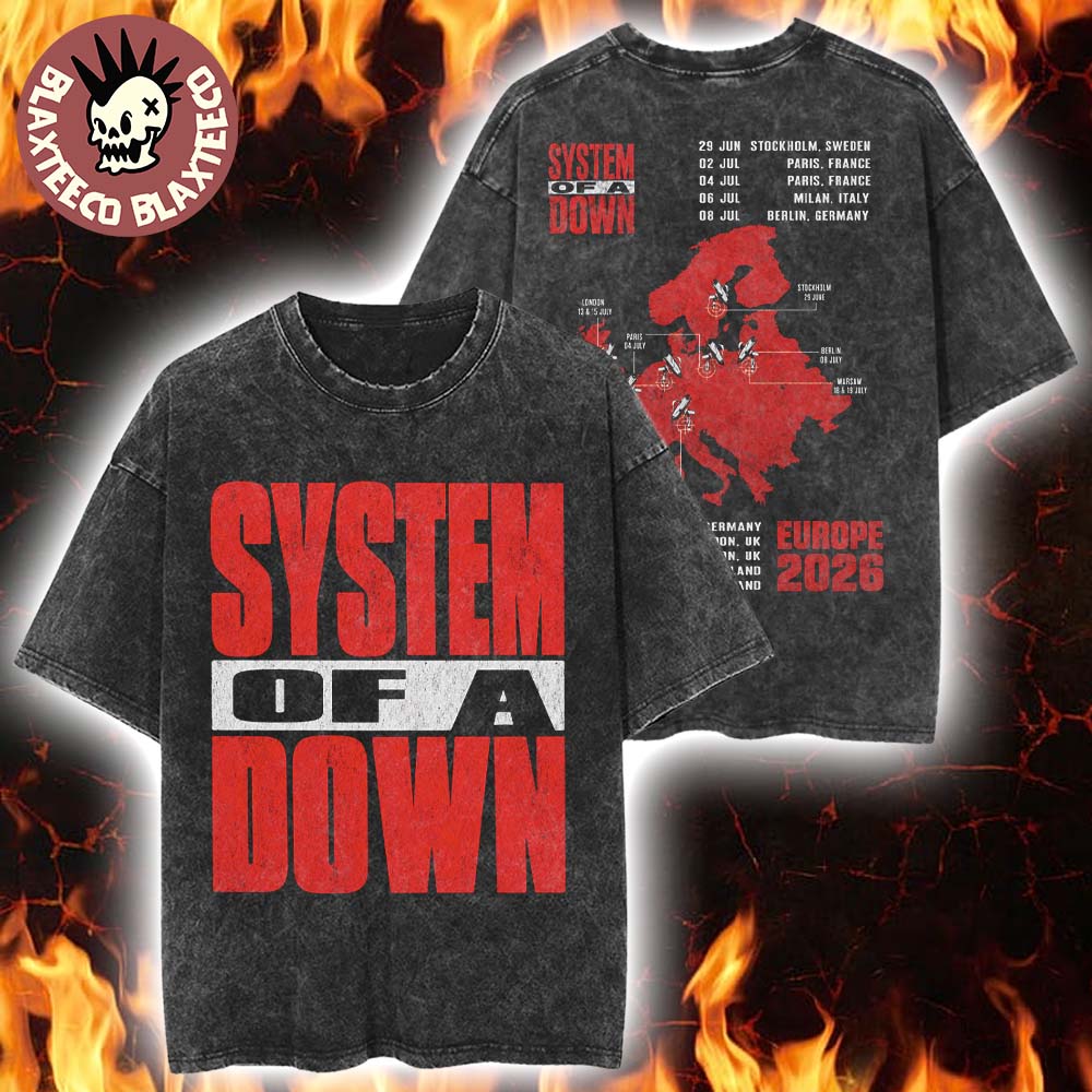 System Of A Down EU And UK Tour 2026 Merch Big Logo With Map Retro Washed Tee
