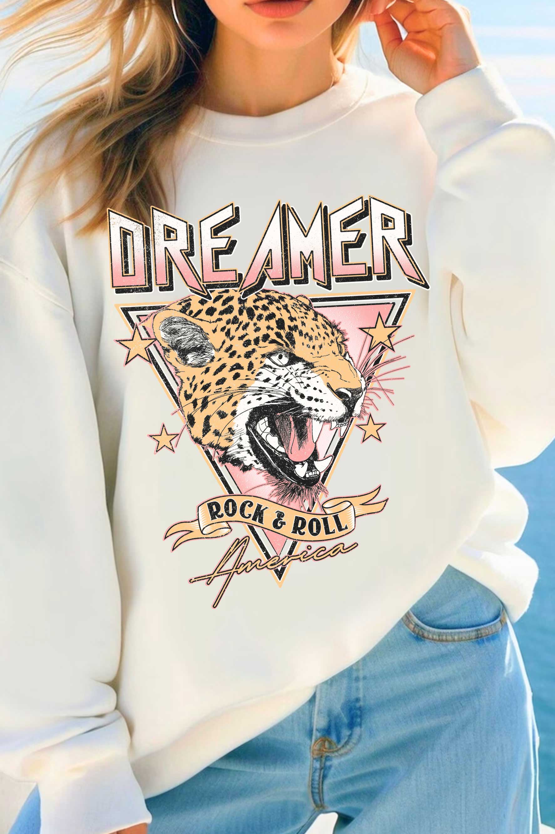 Dreamer Rock&Roll Leopard Graphic Brushed Sweatshirts