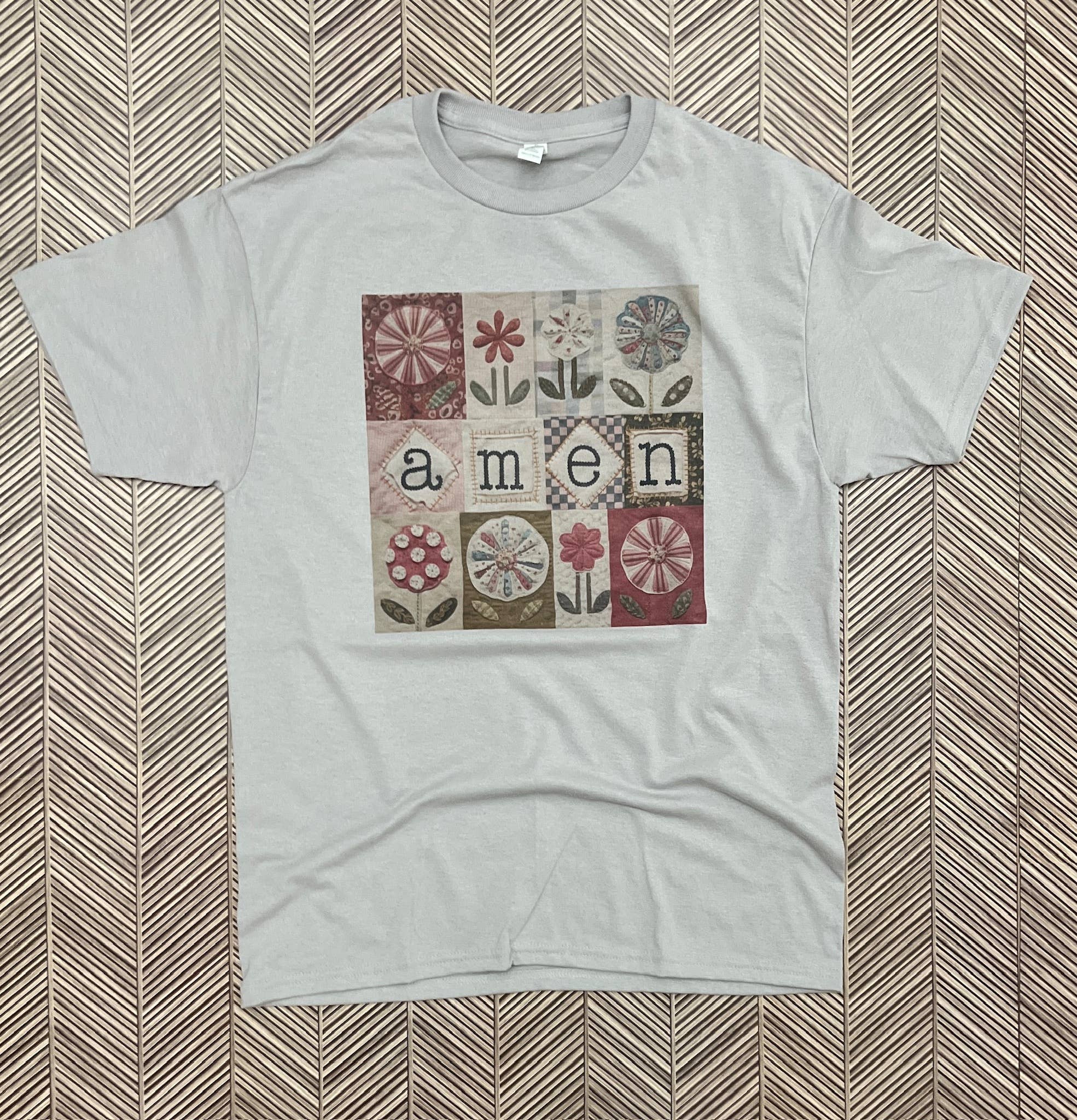Vintage Amen Patchwork Quilt On Silver Tee