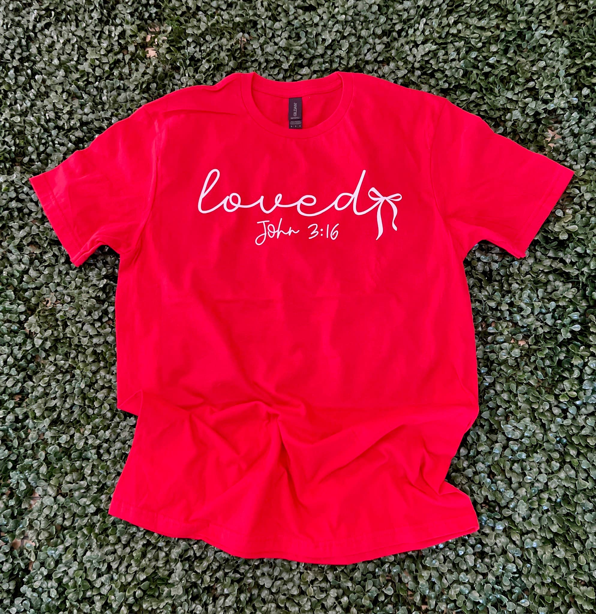 Loved with Bow On Gildan Softstyle Red
