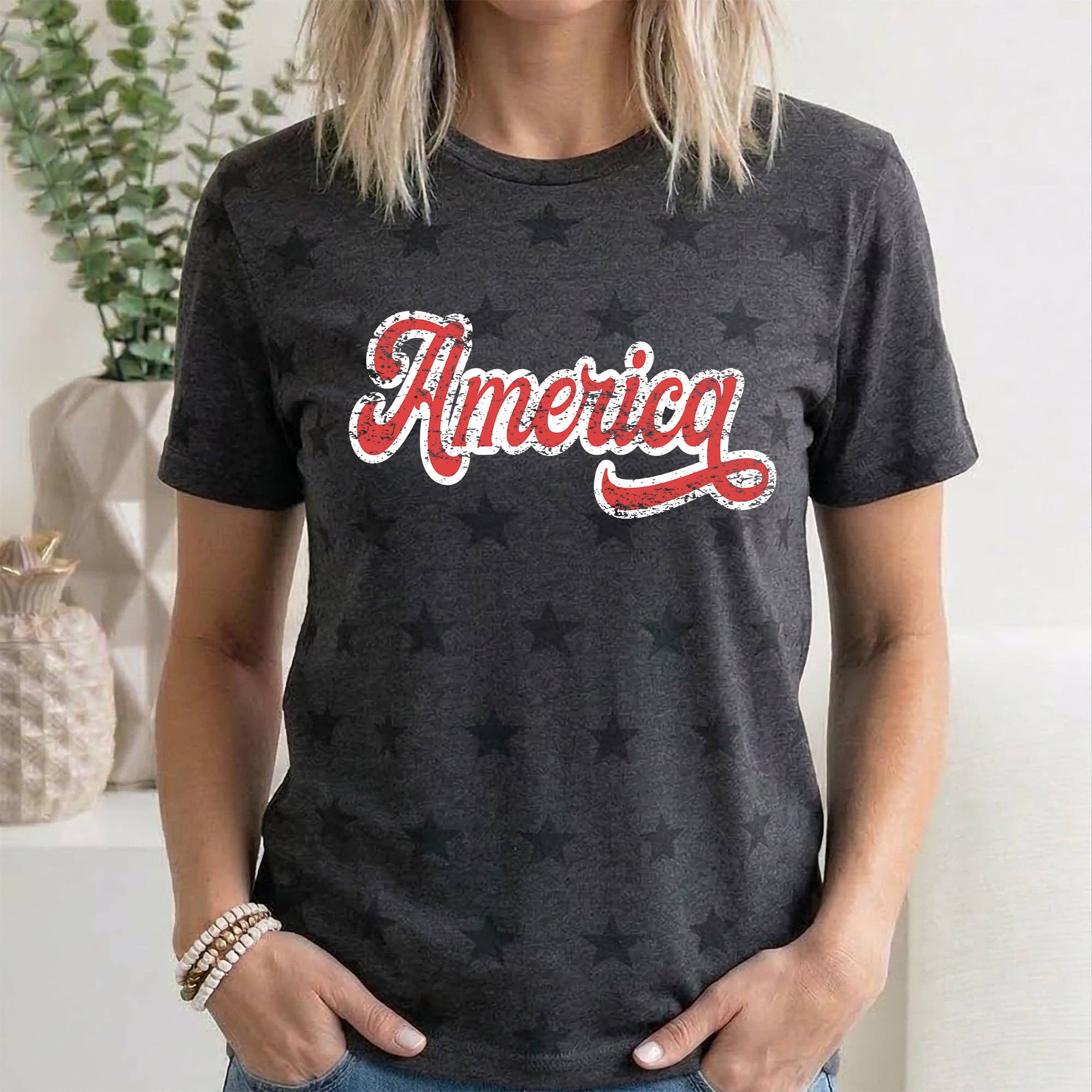 Vintage America, Fourth of July, USA, Star Pattern T-Shirt