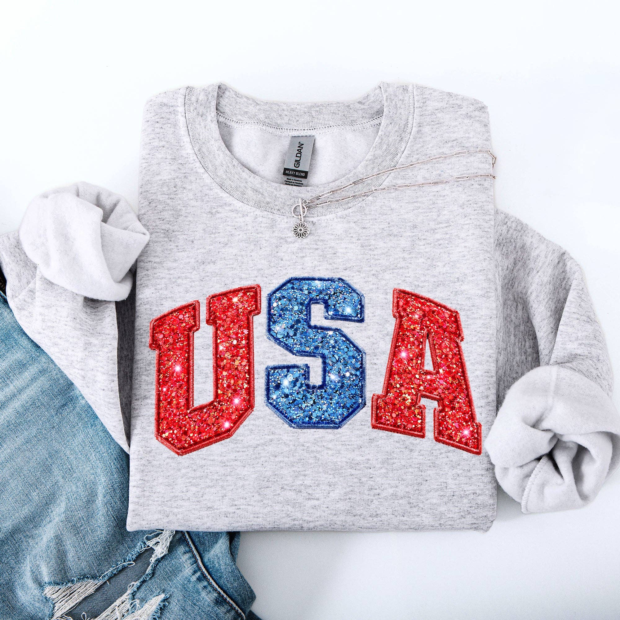 Glittery, USA, Red Blue, Patriotic, America Sweatshirt