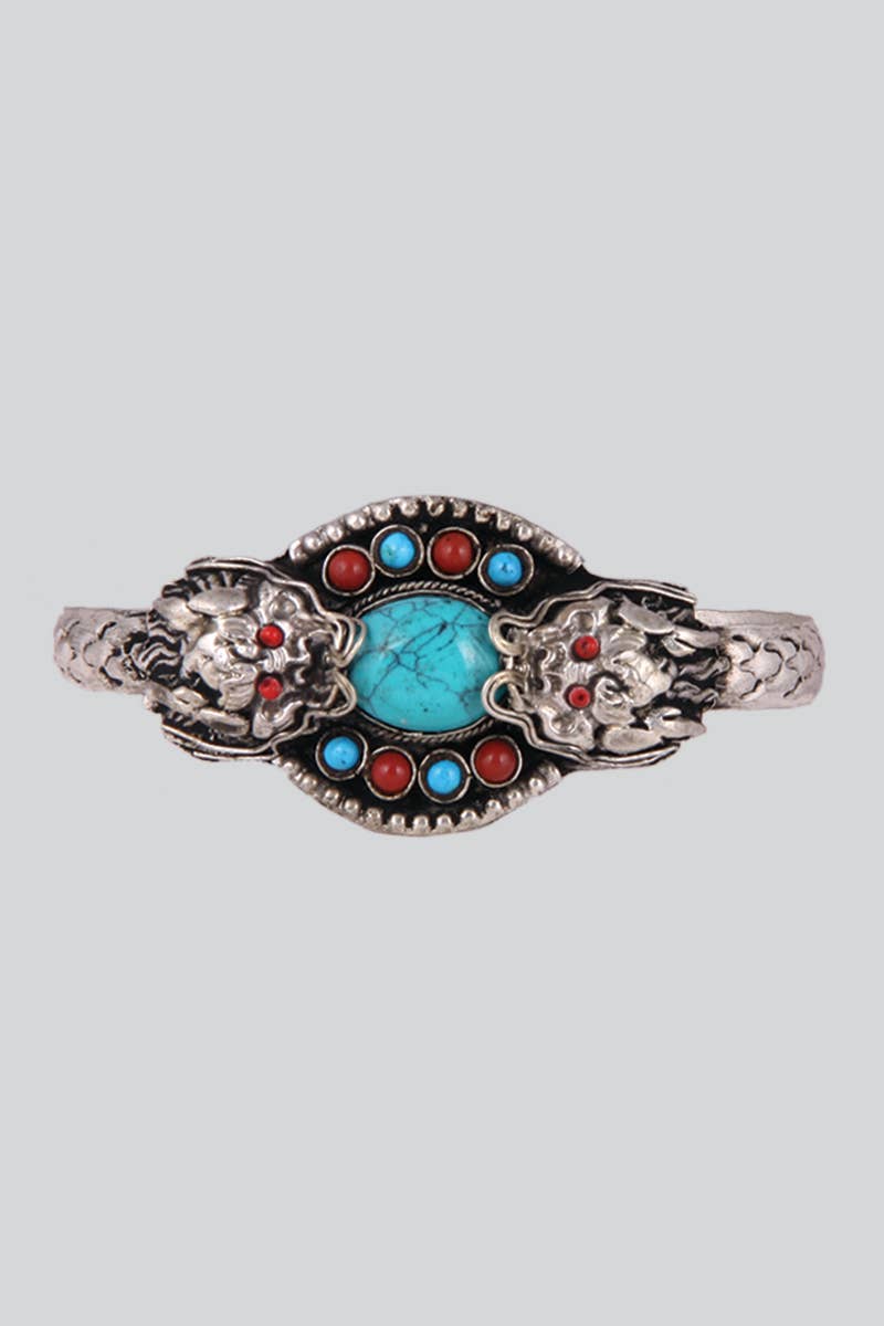 White Metal Bracelet with Blue Coral and Red Stones (MBR-05)