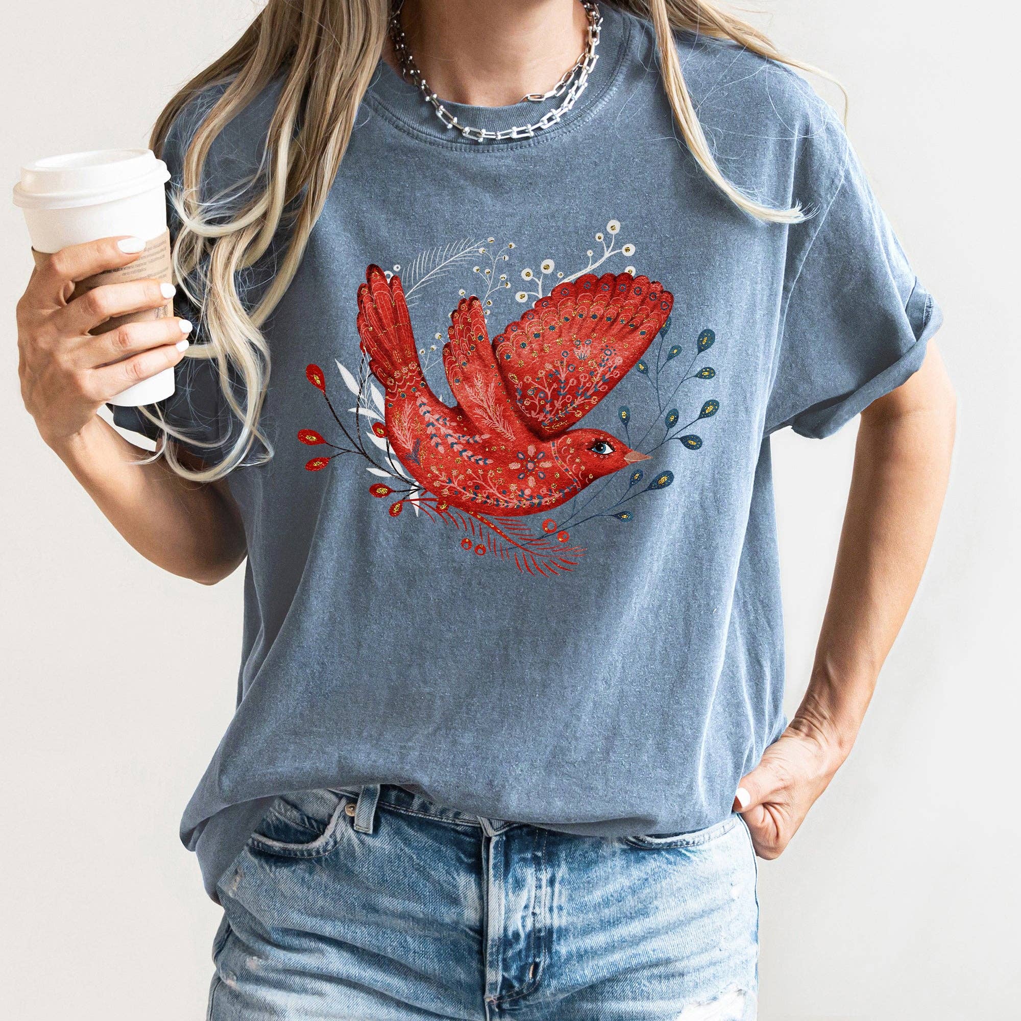 Red Bird, Folk Art, Scandinavian, Winter, Christmas, Tshirt