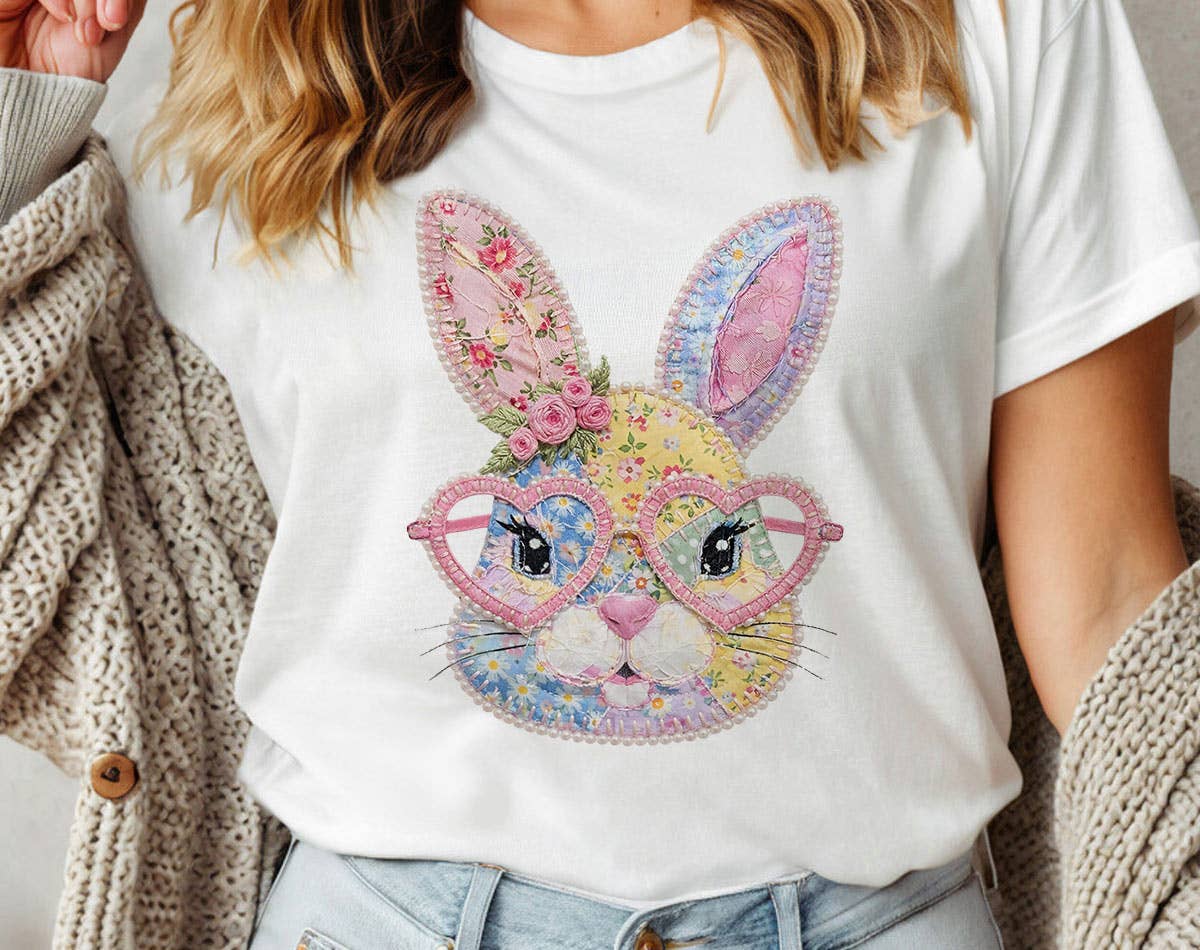 Easter Bunny Heart Glasses Patchwork - Easter T-Shirt