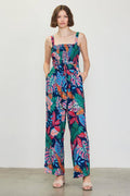 Tropical Print Smocked Jumpsuit