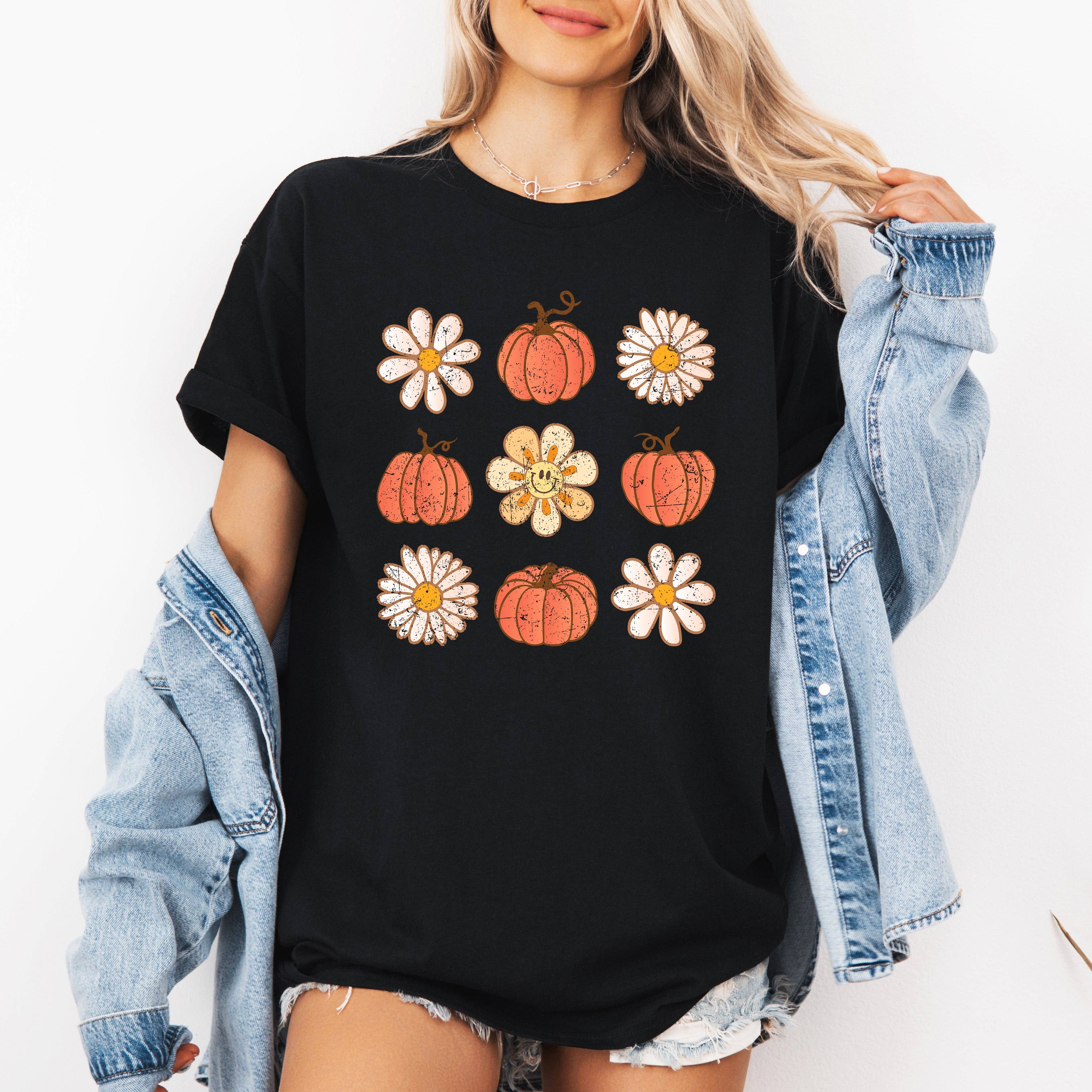 Flowers and Pumpkins Minimalist Autumn Fall Halloween Tshirt