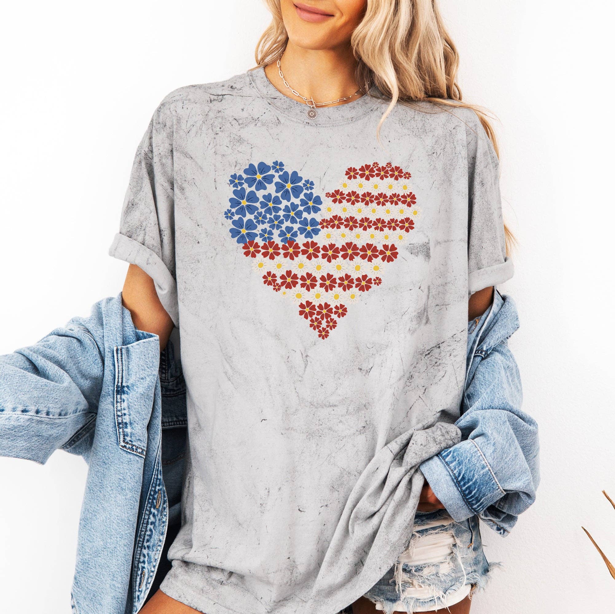 Floral Heart, USA, America, 4th of July, Color Blast Tshirt
