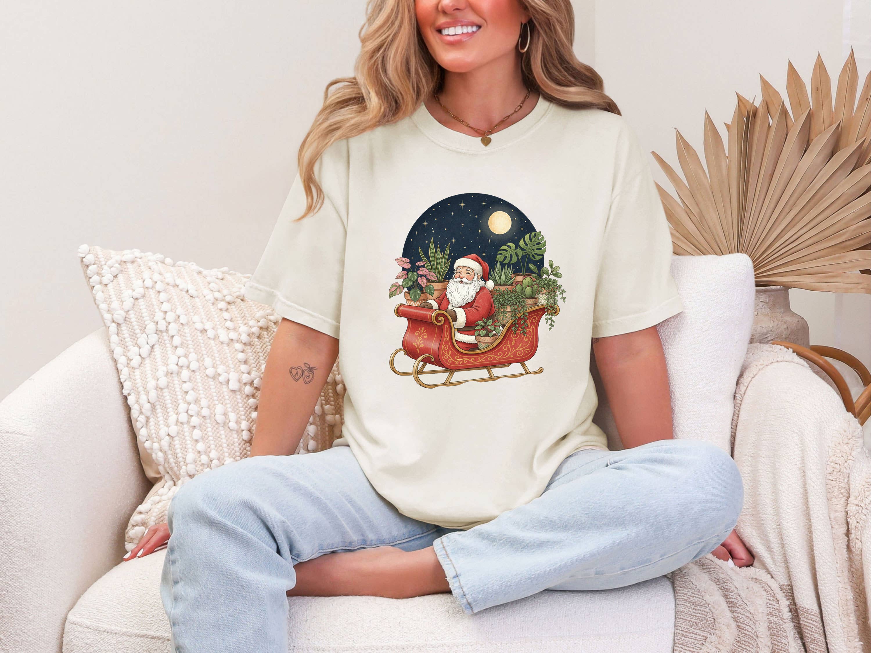 Plant Lover Christmas T-Shirt, Santa in Sleigh with Plant