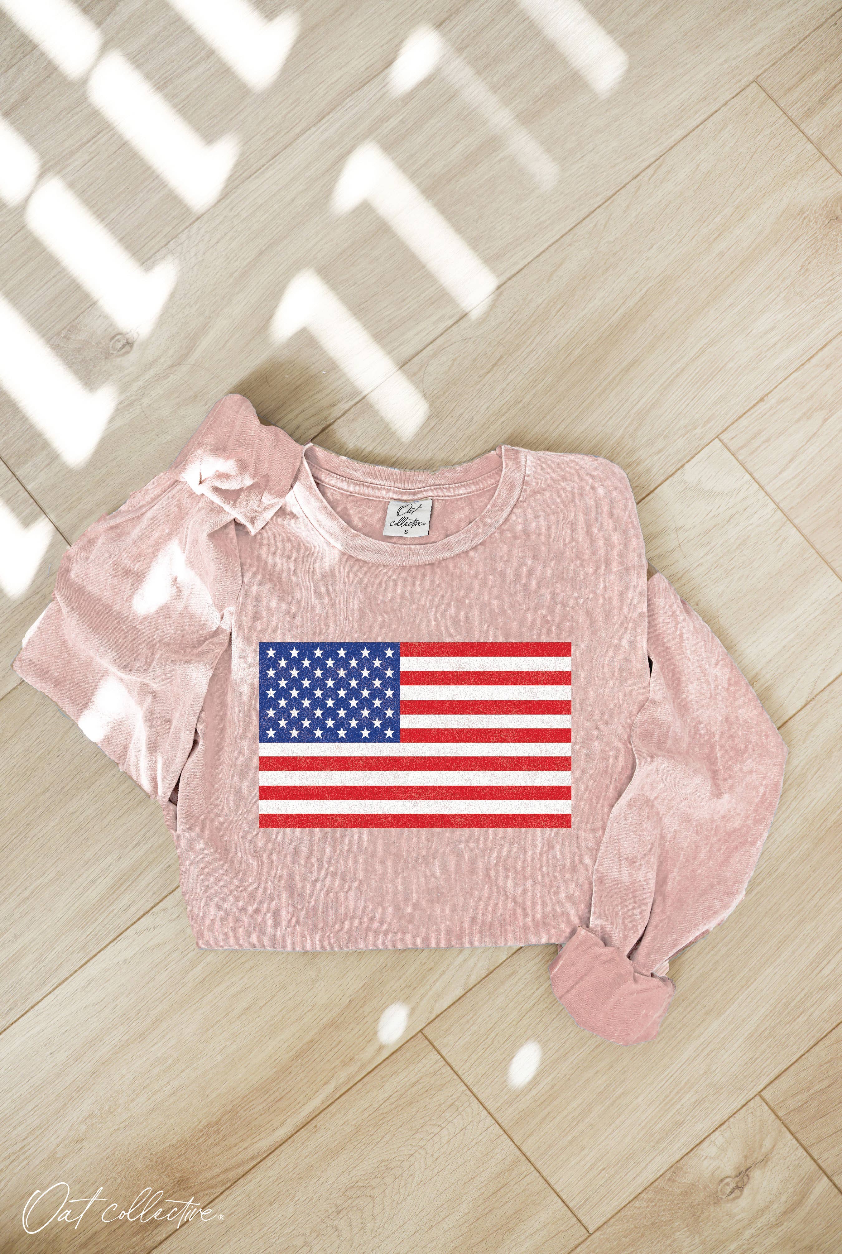 USA Flag Mineral Washed Long Sleeve Graphic