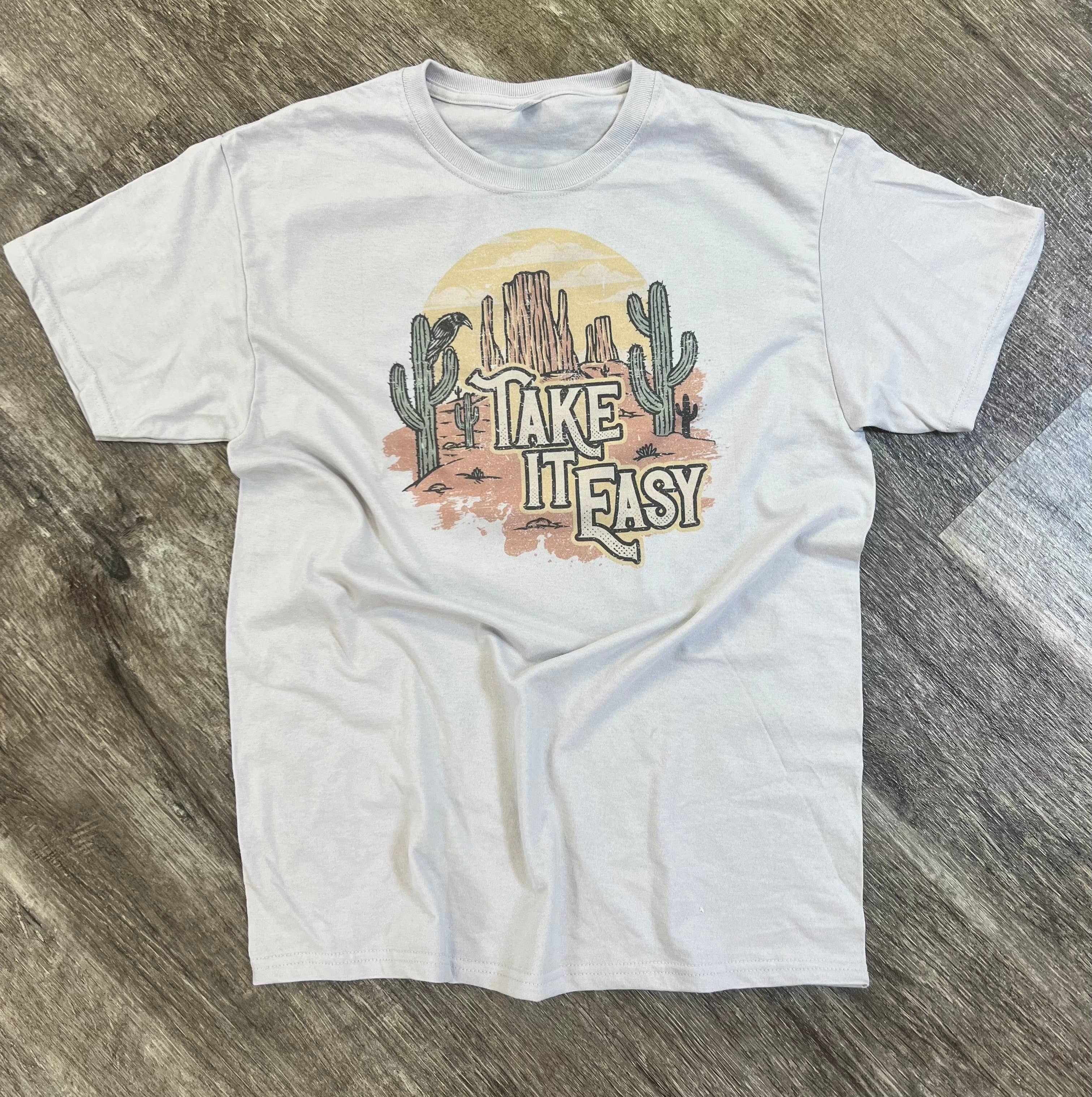 Take It Easy Desert Cactus On Silver Tee