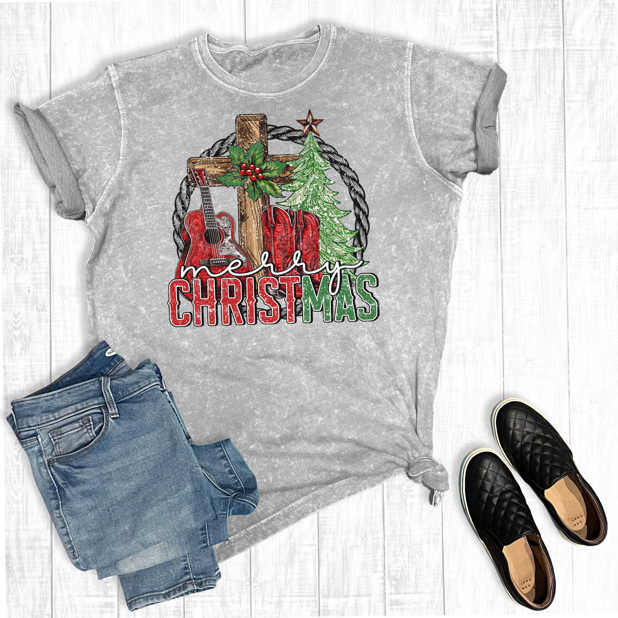 Western Rodeo Merry Christmas Mineral Wash Graphic Tee