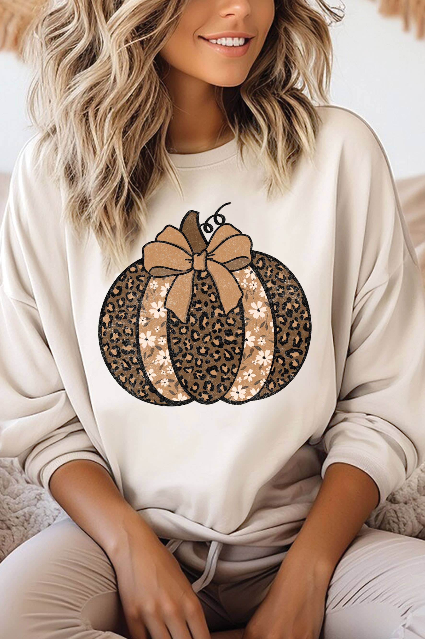 Coquette Bow Leopard Flower  Pumpkin Brushed Sweatshirts