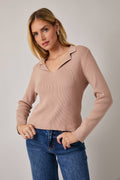 Lapel Collared Long Sleeve Ribbed Top
