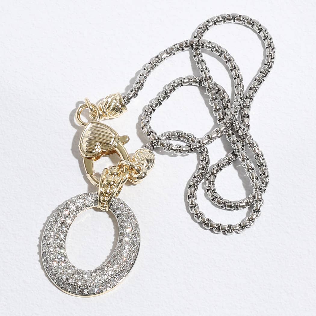 Two Tone Cz Stone Paved Open Oval Pendant Necklace