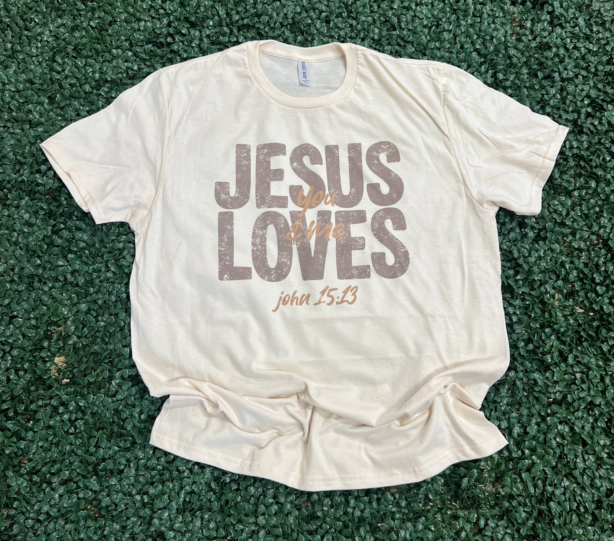 Distressed Jesus Loves You and Me On Cream