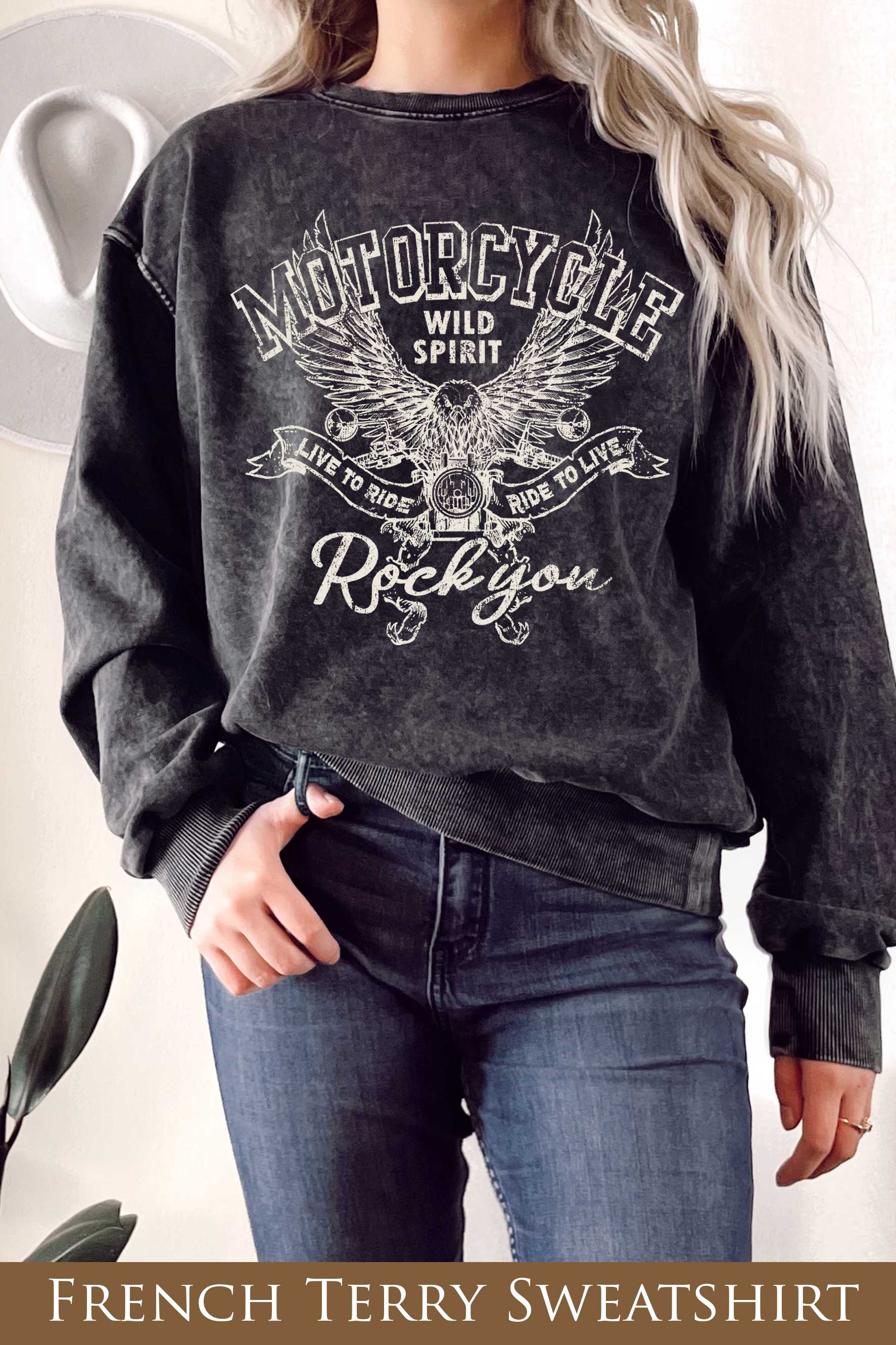 Motorcycle Wild Spirit Mineral Terry Sweatshirts