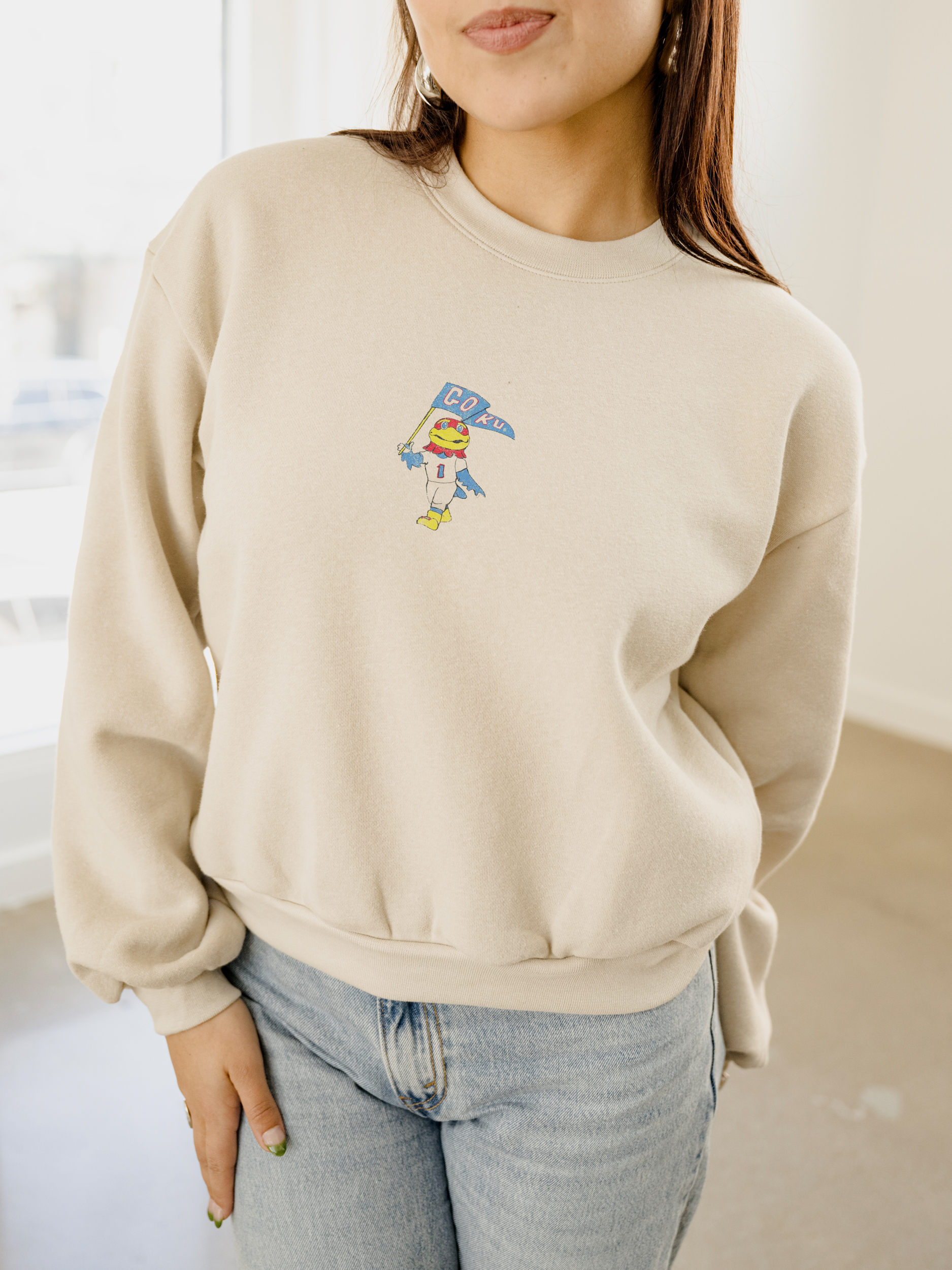 Ku Kansas Jayhawks Mascot Flag Natural Sweatshirt