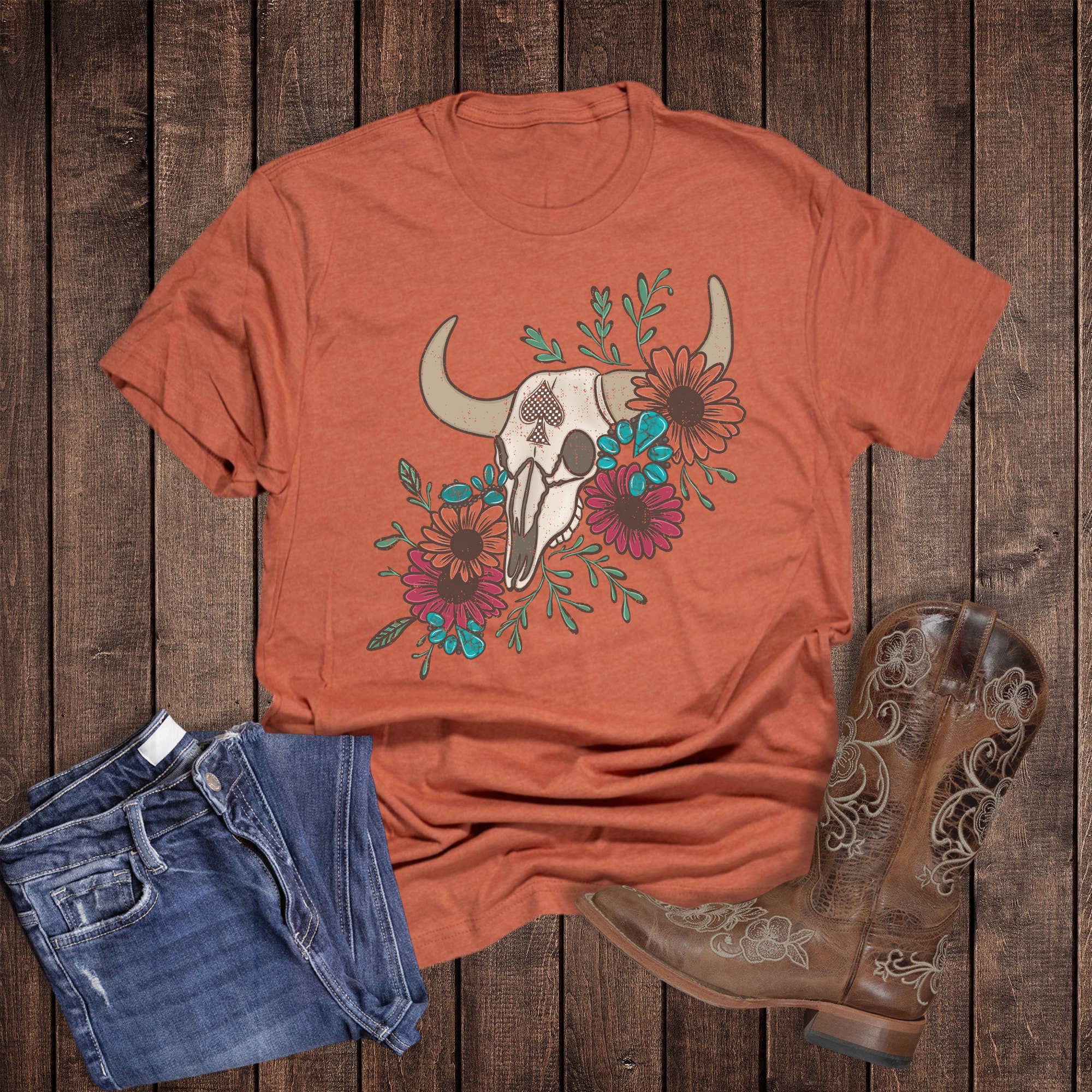 Western Spade Floral Skull Graphic Tee