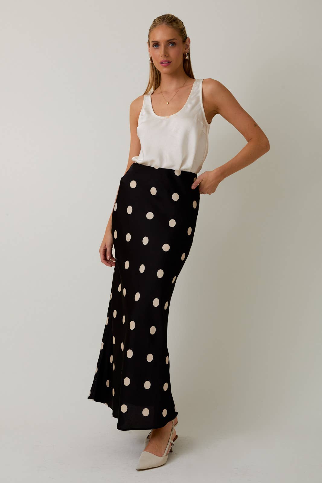 Satin Midi Skirt in Polka Dot