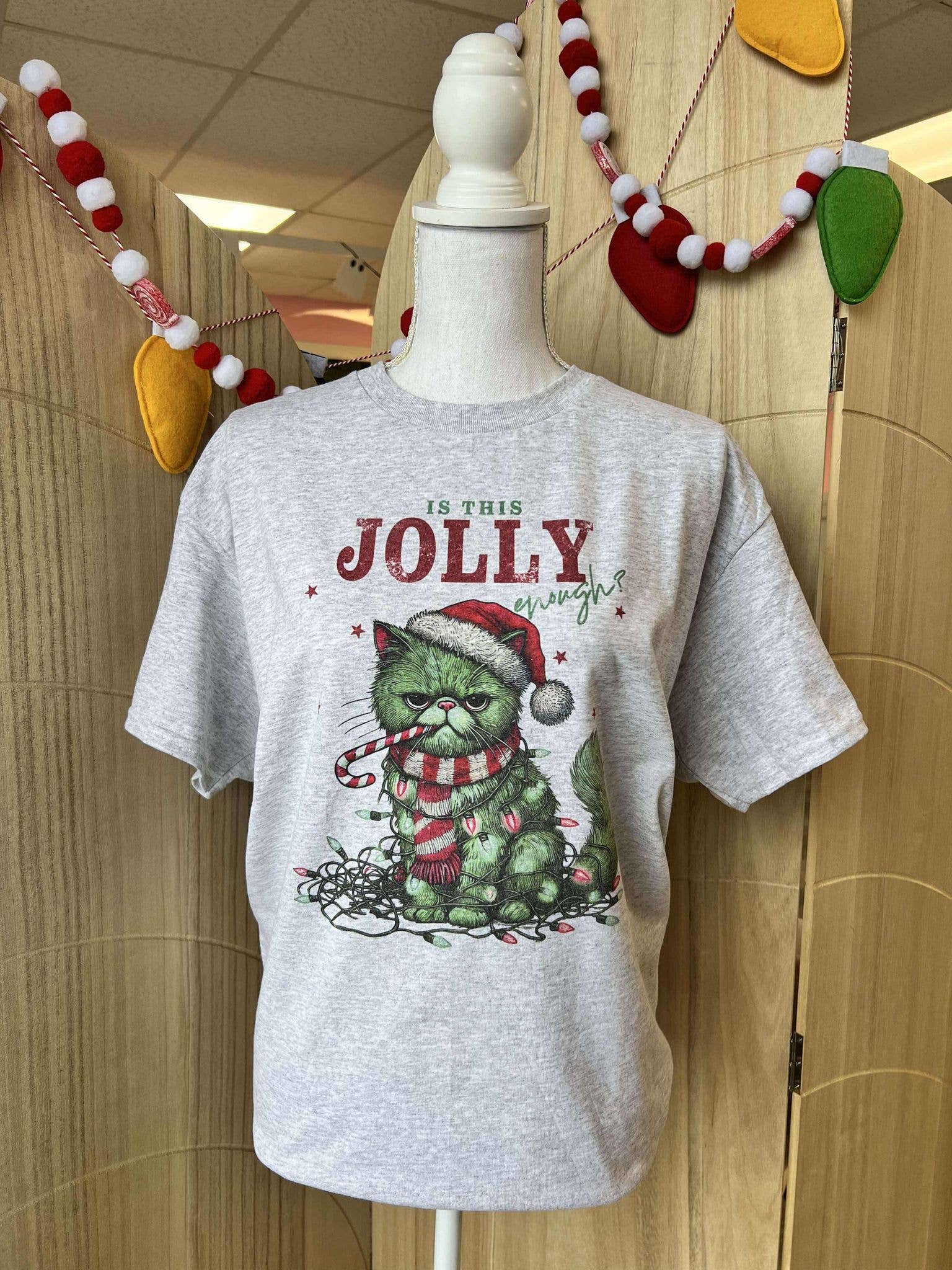 Is This Jolly Enough? Angry Green Cat On Ash Gray Tee