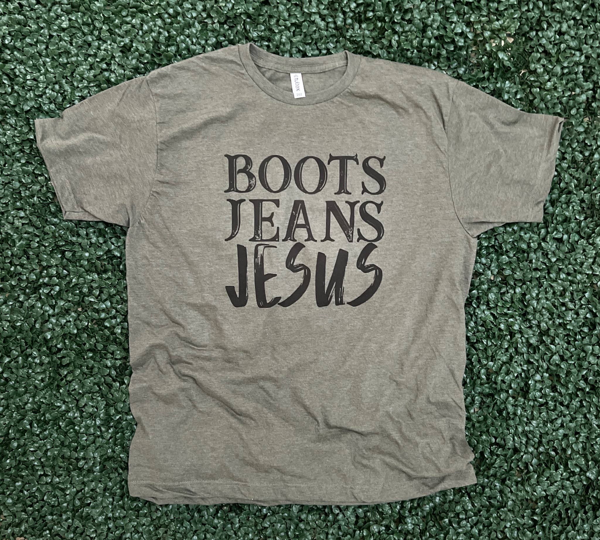 Boots Jeans Jesus On Tultex Heather Military Green