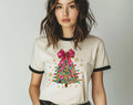 Coquette Christmas Tree Pink Bow Snow Flakes Ringer Tee