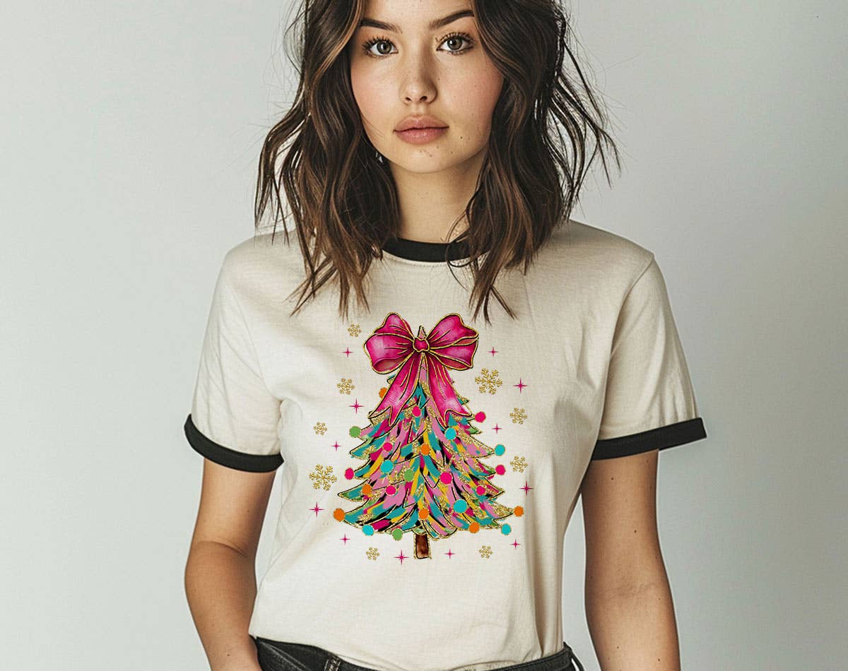 Coquette Christmas Tree Pink Bow Snow Flakes Ringer Tee