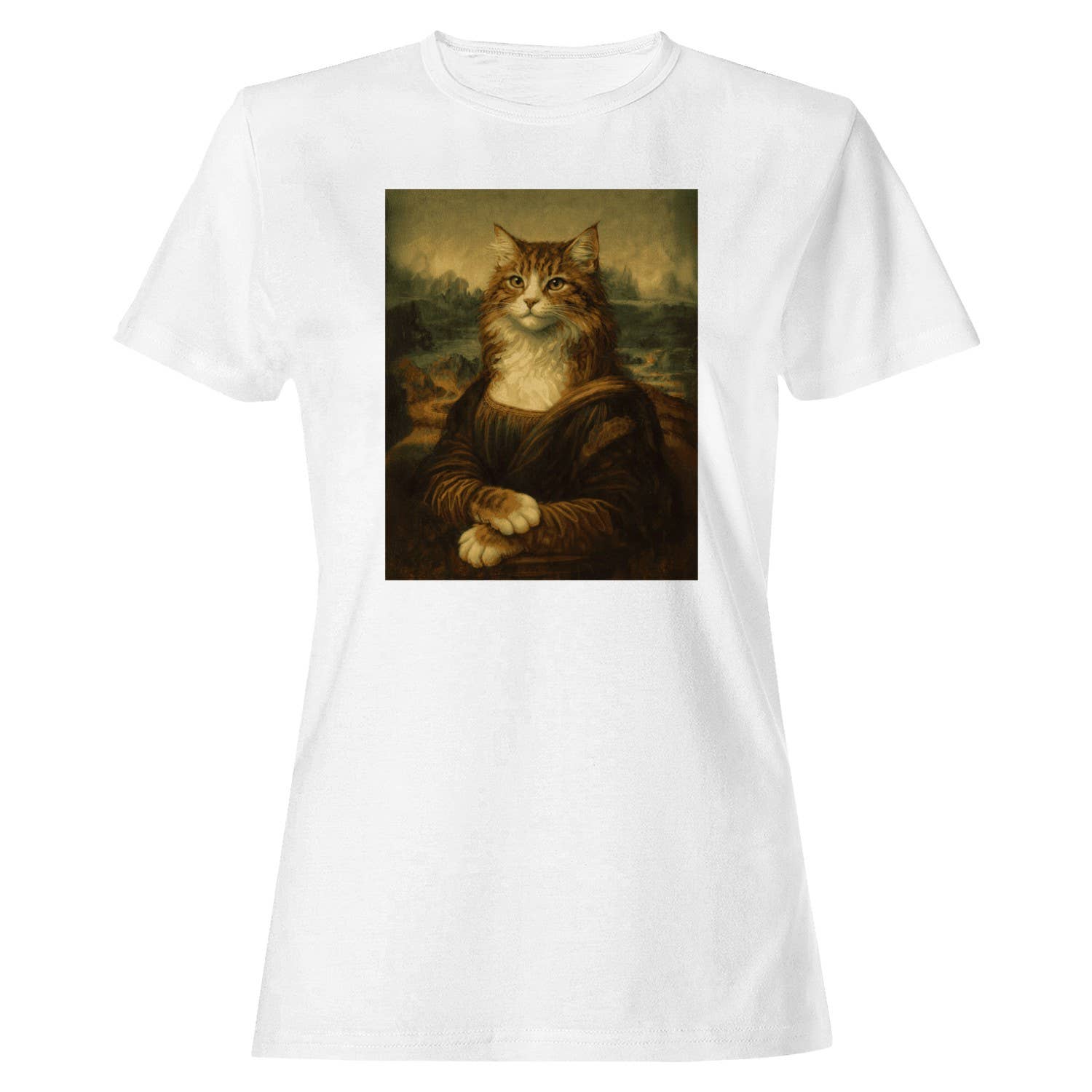 Mona Lisa Cat Parody Women's T-Shirt White
