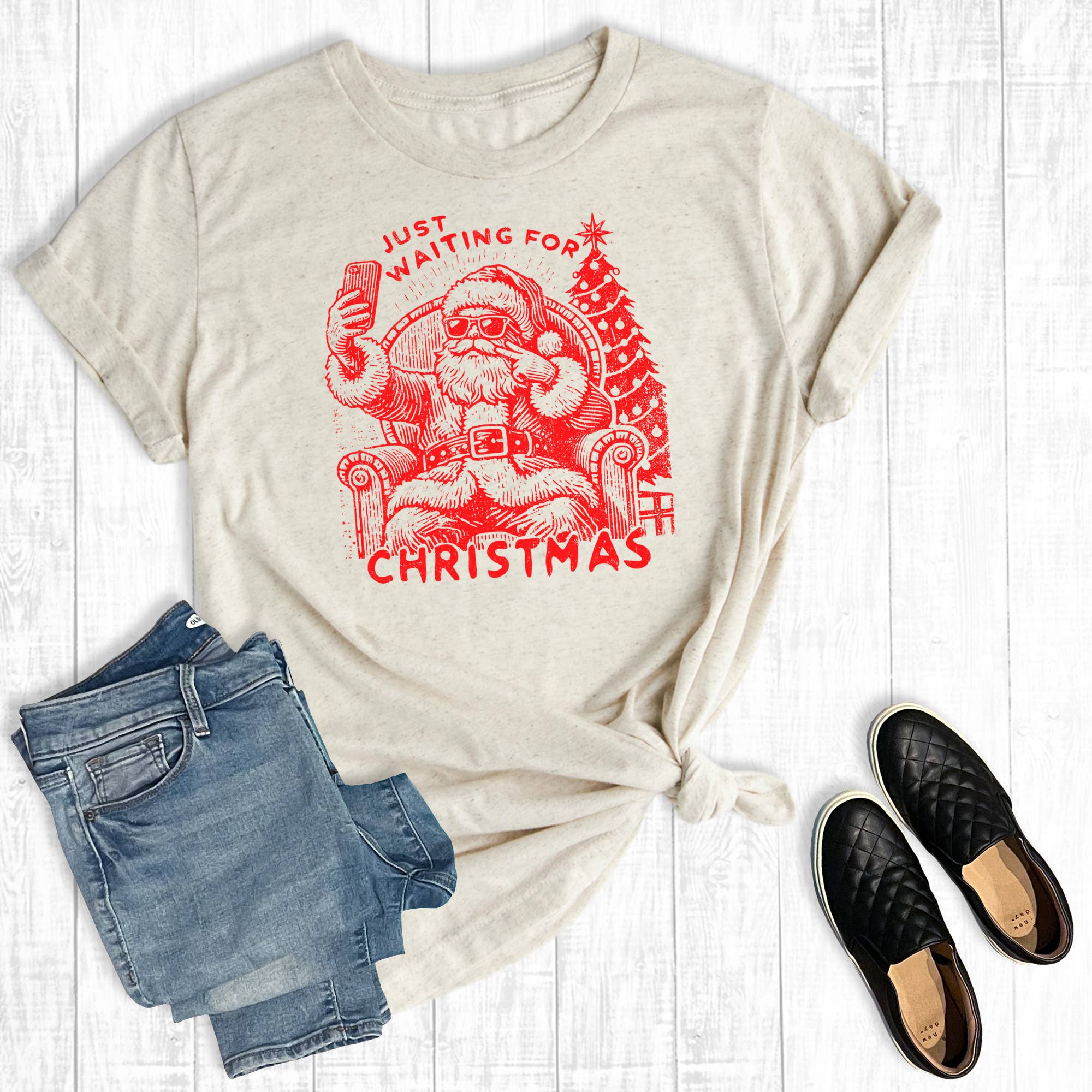 Retro Christmas Santa Just Waiting For Christmas Graphic Tee