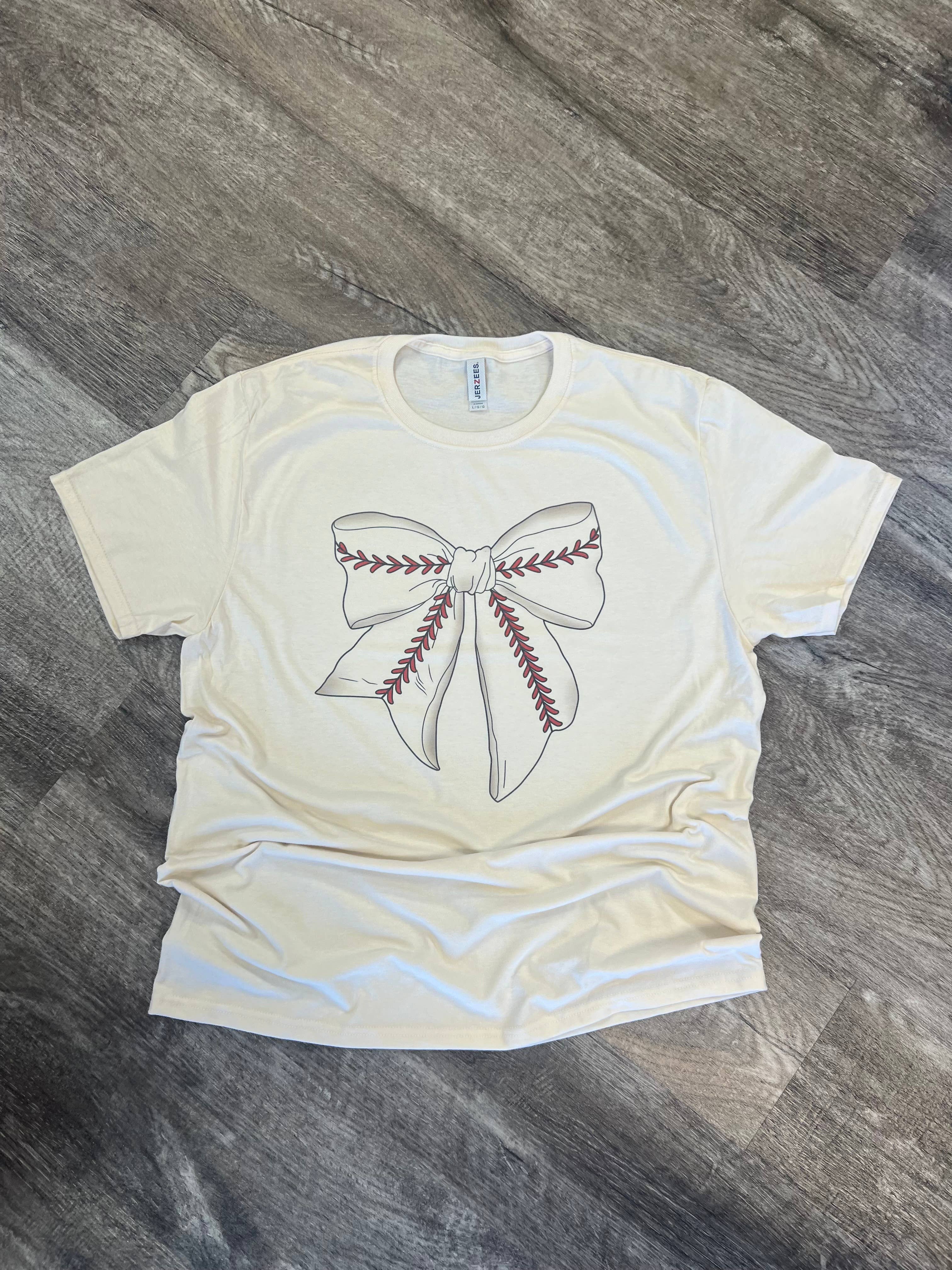 Baseball Large Bow On Cream Tee